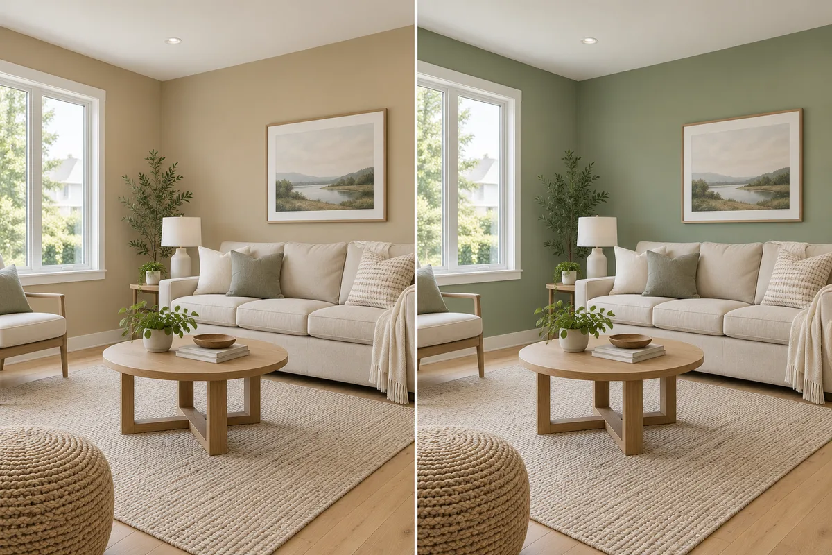 Illustrative living room with tan walls beside the same room in sage green