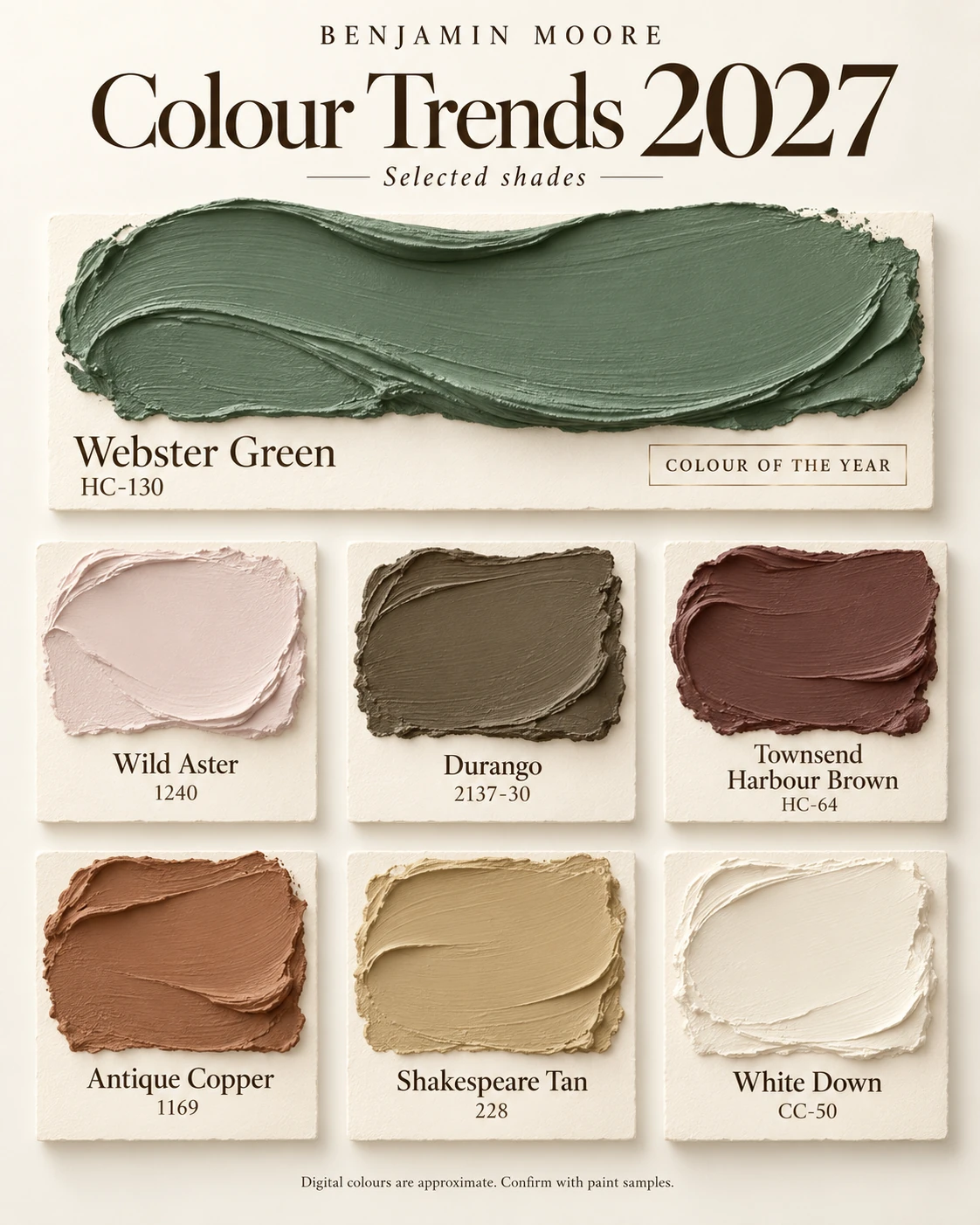 Benjamin Moore Colour Trends 2027: Webster Green HC-130, Wild Aster, Durango, Townsend Harbour Brown, Antique Copper, Shakespeare Tan and White Down