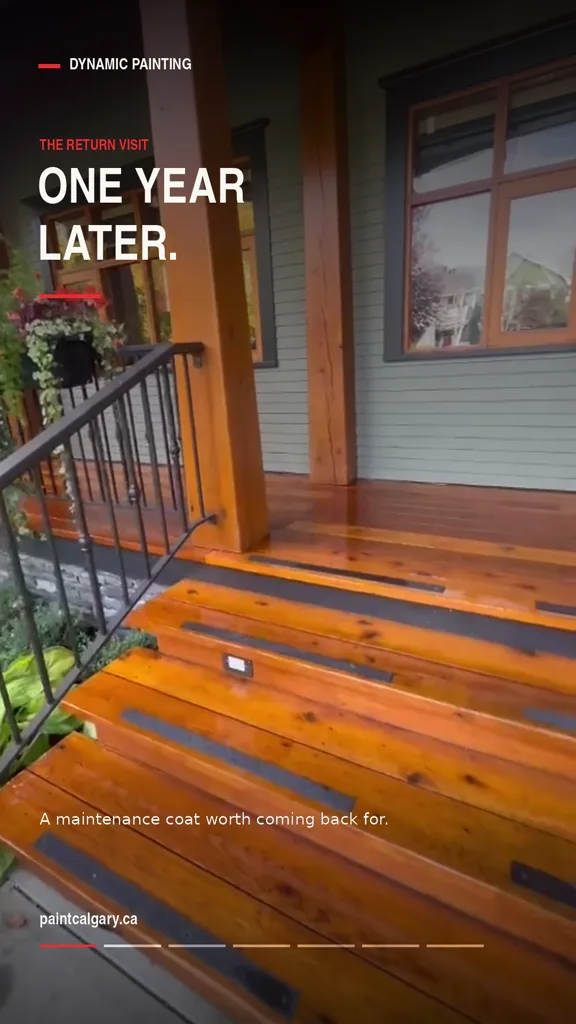 Freshly coated wood deck and steps during Dynamic Painting's maintenance visit