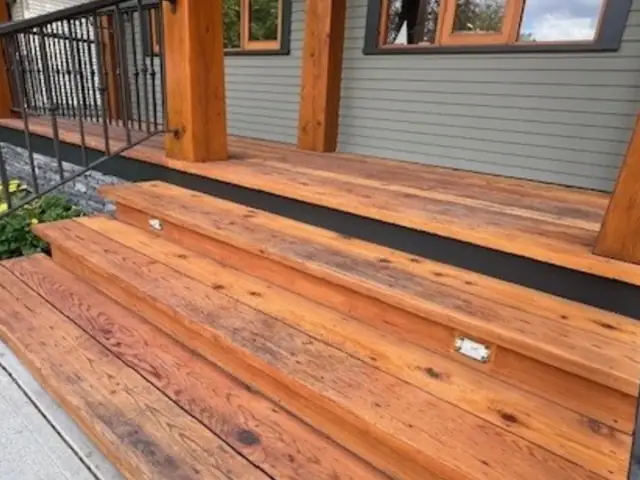 Refinished cedar porch and wood steps by Dynamic Painting