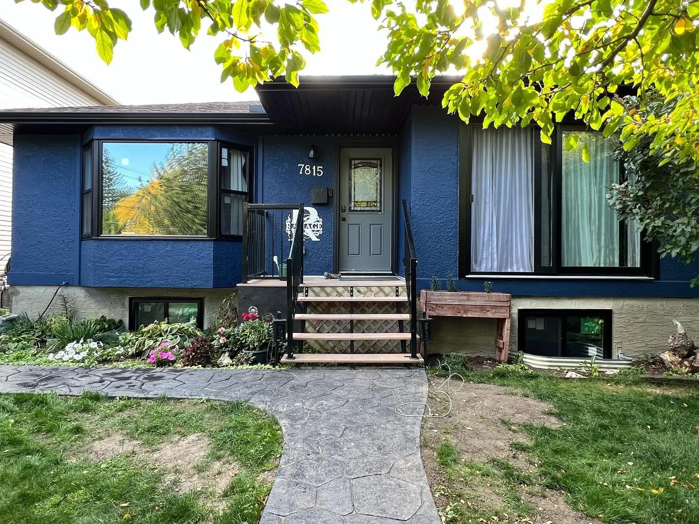 Bold deep blue stucco bungalow with black window trim and landscaped front entry